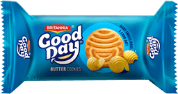 Good Day cookies packets in blue and orange packaging with cookies, nuts, and butter curls on a kitchen table